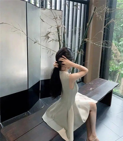 Summer New Women's Sleeveless Vest Dress Pure Color Waist-Cinching Slimming A-Line Skirt Short Dress Regular Sleeve Polyester