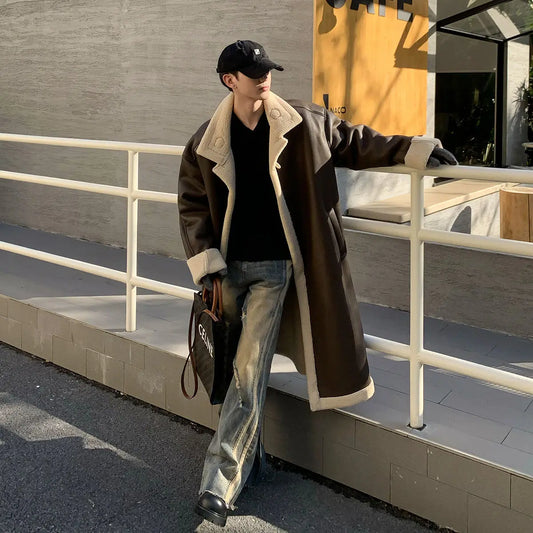 Luxury Brand Trend Winter Warmth Men Leather Trench Coat Fur Lined Long Overcoat Thick Single-Breasted Faux Fur PU Leather Coat