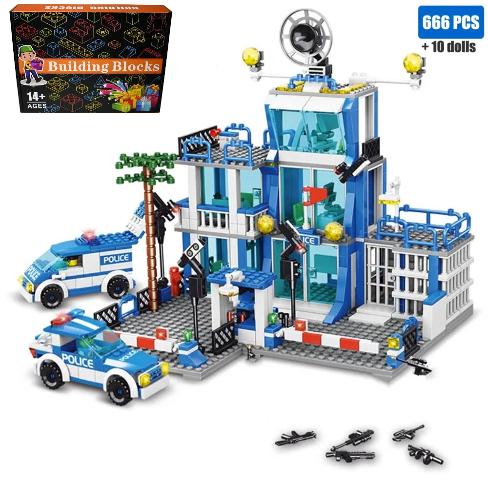 666PCS City Police Station Building Blocks Construction Model Toy with Car & Helicopter for Boys Christmas Gift Kid Educational