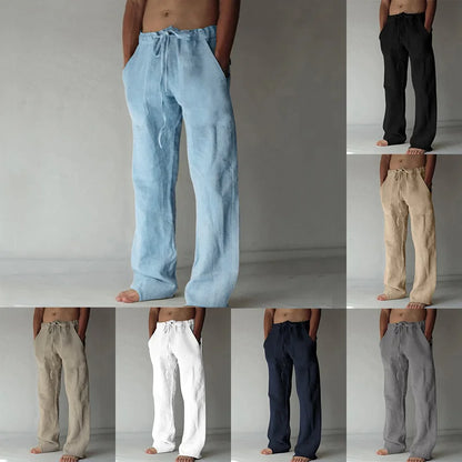 2026 New Men's Cotton Linen Pants, Elastic Waist Solid Color Straight Wide Leg Casual Trousers