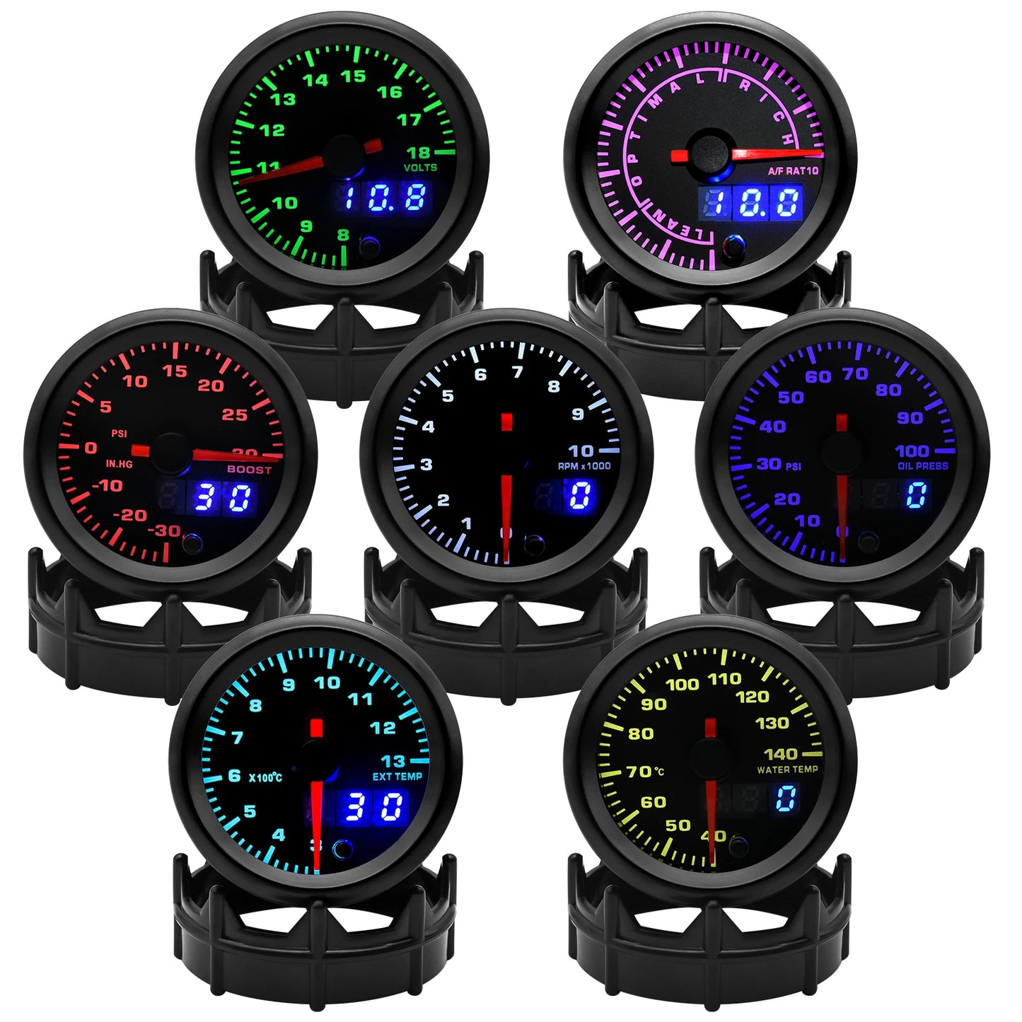 2" 52mm 7 Color LED Dual Display Gauge Boost PSI Boost BAR Water / Oil Temp Oil Pressure Voltmeter Air Fuel Ratio EGT Tachometer