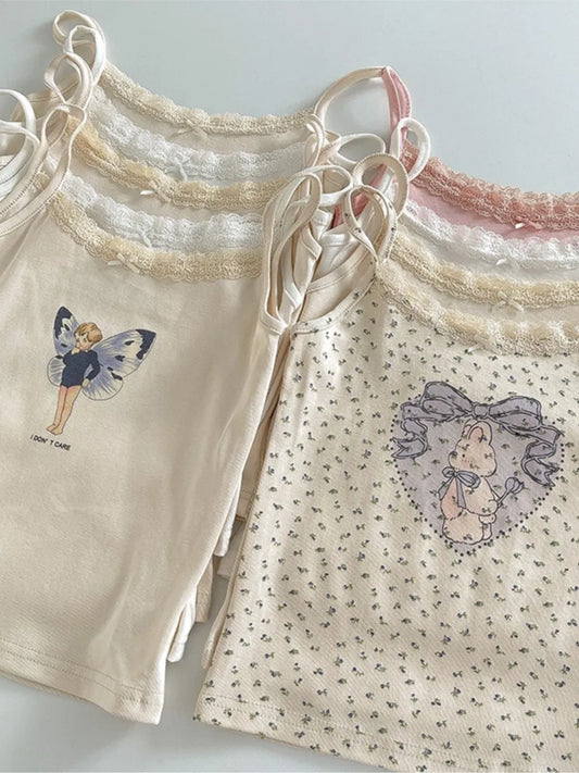 Cute Cartoon Lace Trim Tank Tops Women Summer New Slim Cotton Sleeveless Vests Vintage Sweet Preppy Style Camisole Y2K Clothes