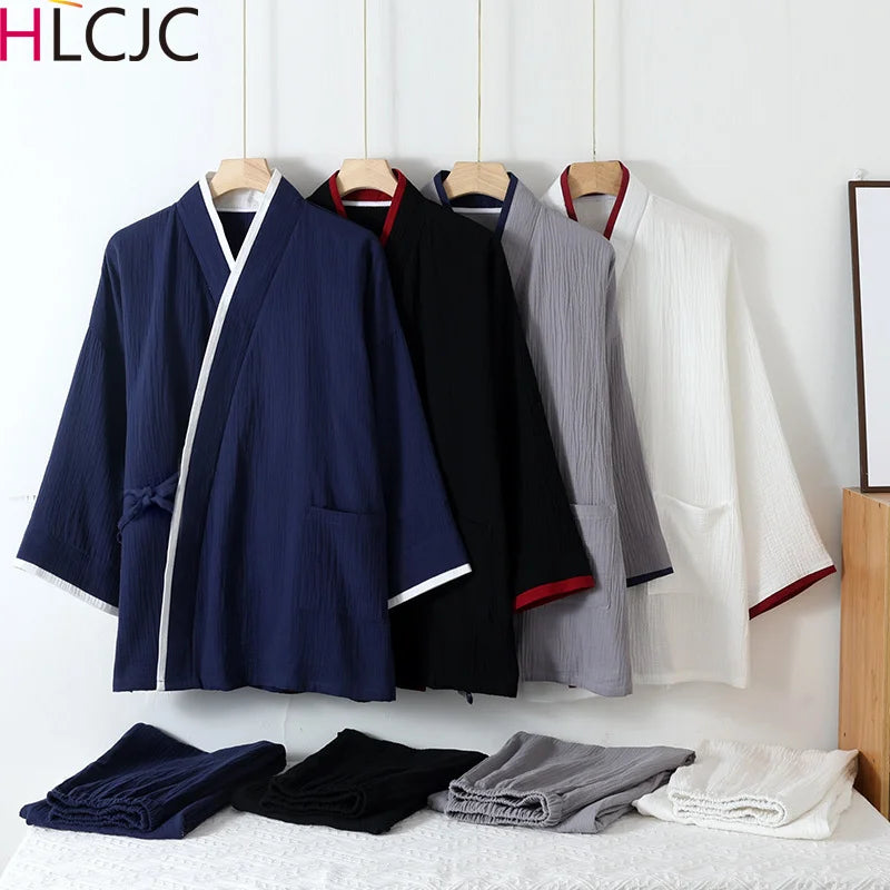 Spring Autumn Japanese Color Blocked Cotton Crepe Kimono Mens Pajamas Set Thin Lace-Up Top + Pants Loose Two-piece Male Homewear