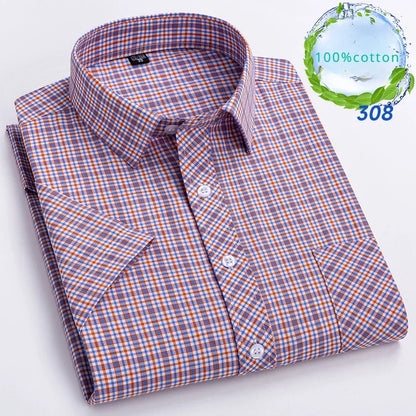 New in Shirt Over Size 100% Cotton Thin Summer Short Sleeve Shirts for Men Slim Fit Plain Shirt Plaid Soft Korean Popular Clothe