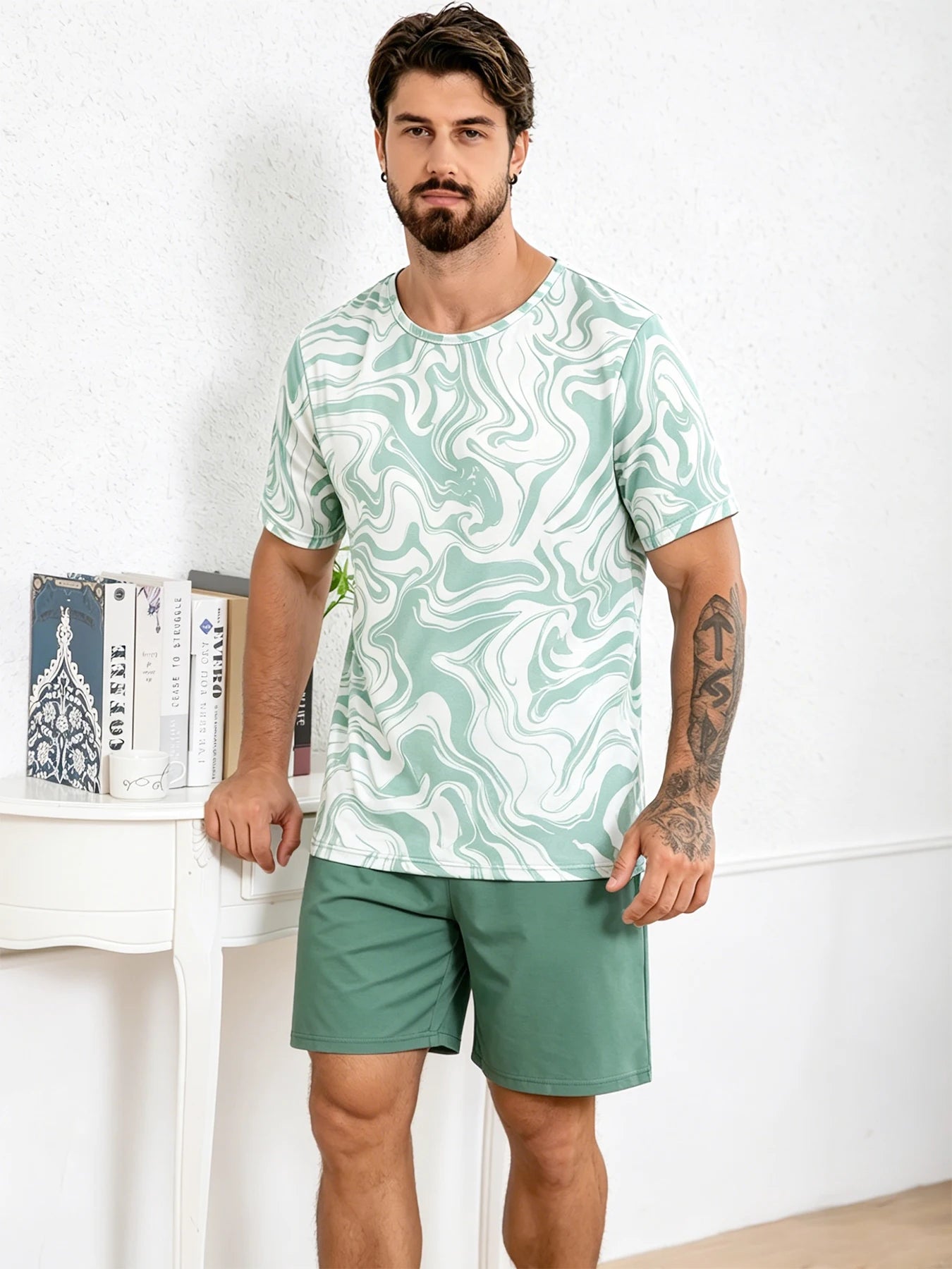 Men's Stylish Pajama 2Pcs pajama Set Short Sleeve And Plaid Shorts Comfortable Soft Sleepware Loungewear Can Be Worn Outside Pjs