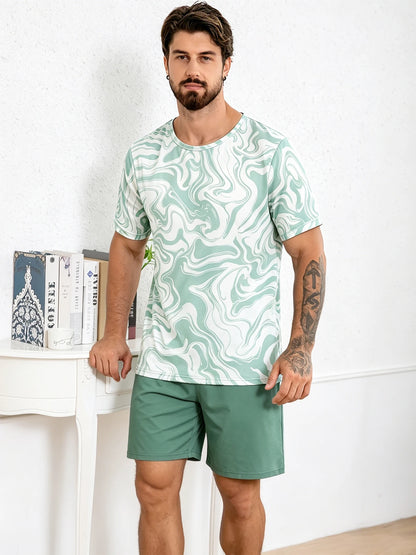 Men's Stylish Pajama 2Pcs pajama Set Short Sleeve And Plaid Shorts Comfortable Soft Sleepware Loungewear Can Be Worn Outside Pjs