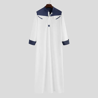 Spring Autumn Loose Muslim Standing Collar One-piece Patchwork Men's Long Robe Breathable And Skin Friendly Solid Color