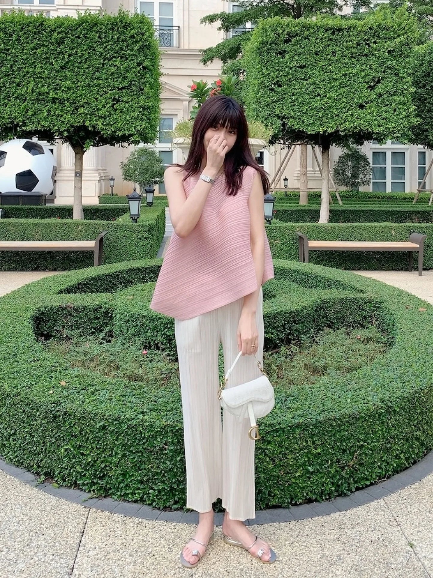 Unique Folded Design Sleeveless Top Set for Small Women Elegant Suitable Travel Wear Polyester Summer T-Shirt round Neck High...