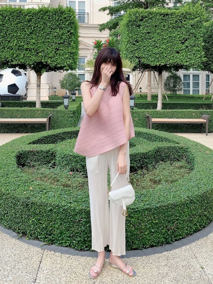 Unique Folded Design Sleeveless Top Set for Small Women Elegant Suitable Travel Wear Polyester Summer T-Shirt round Neck High...