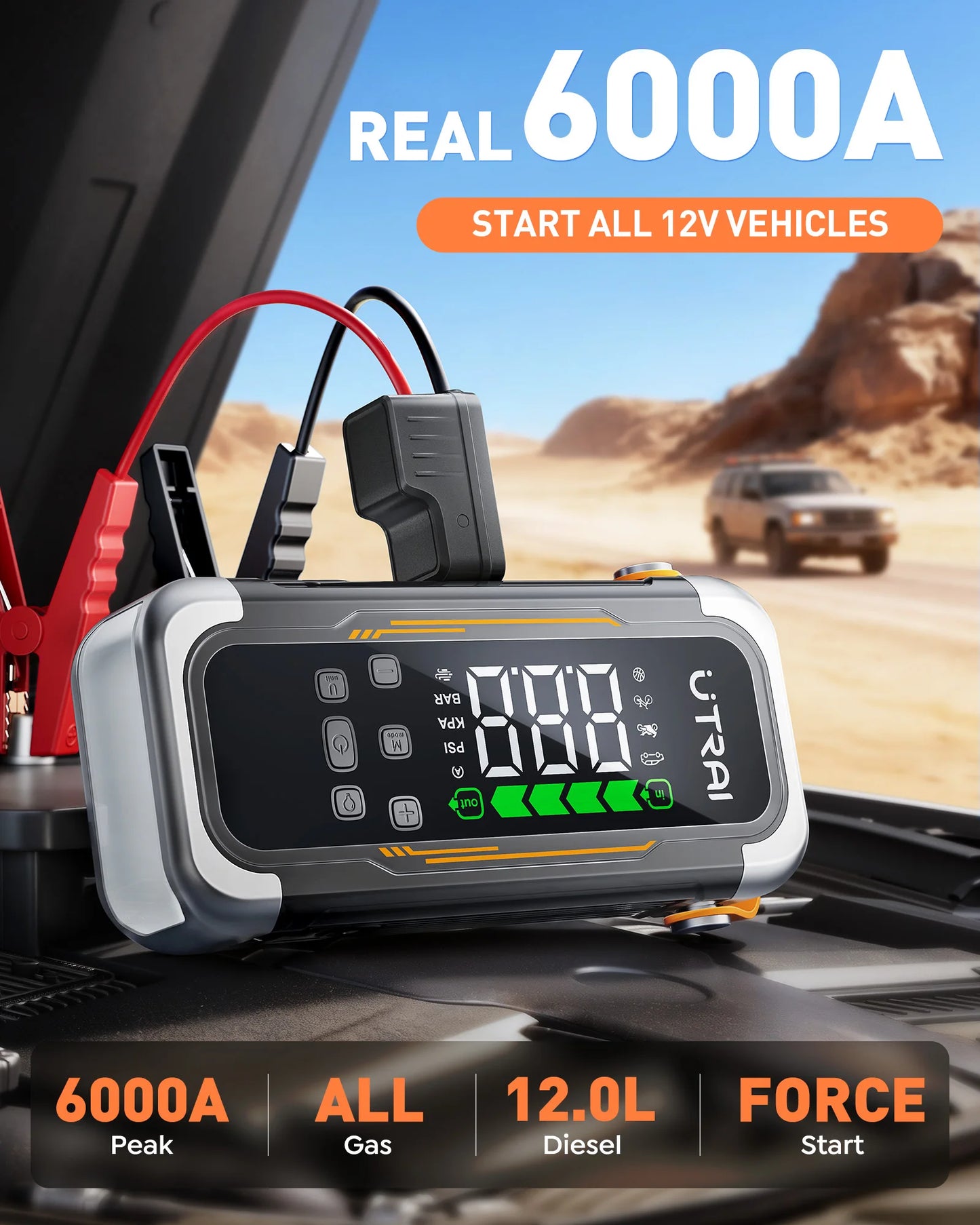 UTRAI 5 in 1 6000A Car Jump Starter 150PSI Air Pump PD30W Power Bank High-speed Airflow Dualmode For kayakingCar Battery Booster