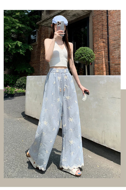Vintage Blue Striped Embroidered Wide-leg Pants Women's Summer 2026 High-waisted Lace Stitching Casual Straight Trousers Popular