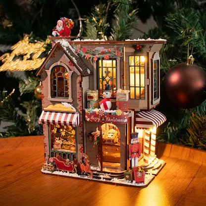 DIY Wooden Miniature Model Kits Enchanted Christmas Cottage 3D Puzzle Dollhouse With Furniture for Friends Birthday Gifts