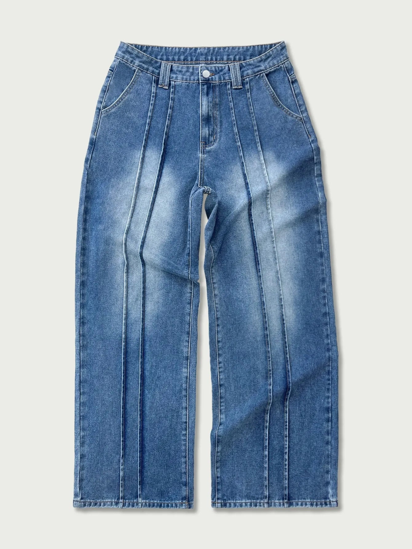 Men's vintage washed wide-leg jeans, vertical stripes, high-waist drape, floor-length trousers, outdoor casual and versatile