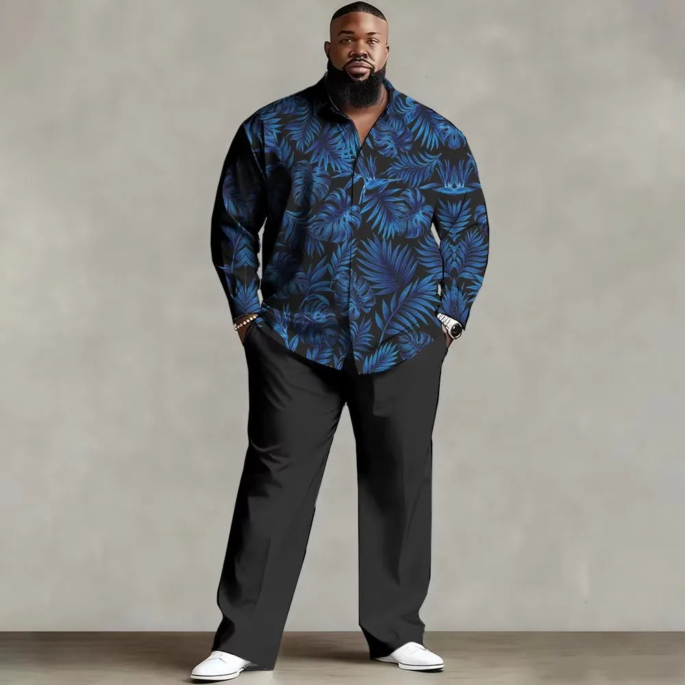 S-9XL Big & Tall Men's Vintage Print Shirt And Long Pants Loose Fit 2-Piece Set