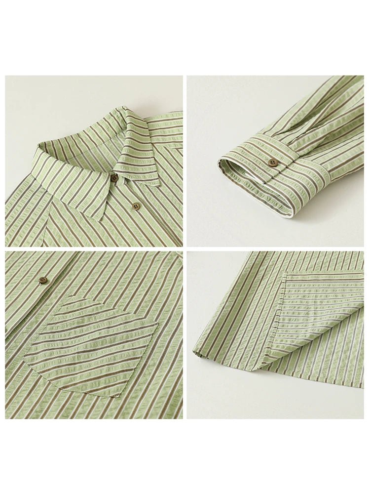 CHIC VEN Women Shirt Single Breasted Loose Casual Vertical Striped Long Sleeved Blouses Oversize Female Coat Spring Summer 2025