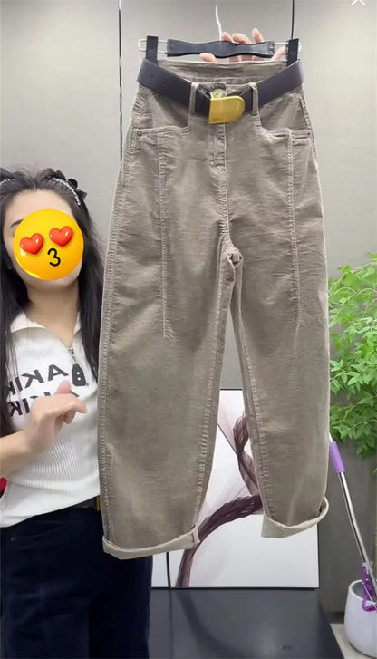 High Waist Cotton Corduroy Harlan Pants Slim Fit Casual Nine Point Knife  Straight Leg Crop Leisure Long Trousers