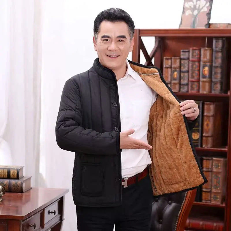 Thickened Fleece Lined Stand Collar Cotton Jacket Dad Style Warm Inner  for Middle Aged And Elderly Men's Clothing