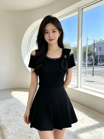 Summer New Off Shoulder Short sleeved T-shirt Korean Fashion Diamond Tops Slim Style Bowknot Women Shirt