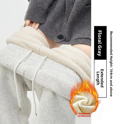 Gray Lamb Velvet Sport Pants Women's High Waist Drapey Fleece Wide Leg Casual Small Size Thickened Cotton Pants
