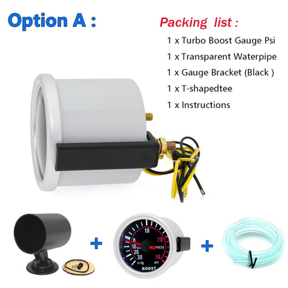 2 "52mm Turbo Boost Gauge 0~30PSI White LED Smoke Len -30in.Hg~0~30PSI Auto Turbo Boost Controller Kit Holder waterpipe