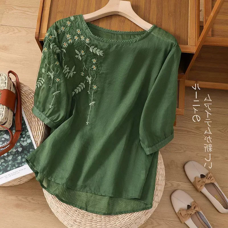 Fashion Thin Cotton Linen Y2k Tops Tee Women Clothing Summer Loose T Shirts Woman Embroidered T-shirt Blusa Casual Ladies tshirt