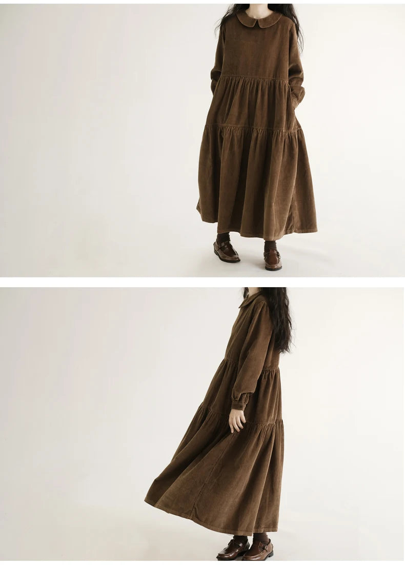 Japanese Style Long Sleeve Corduroy A-Line Dress Loose Slimming Simple Design Women's plus Size Dress Daily Wear Long Dress