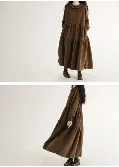 Japanese Style Long Sleeve Corduroy A-Line Dress Loose Slimming Simple Design Women's plus Size Dress Daily Wear Long Dress
