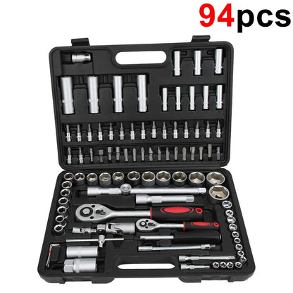 EAFC 108Pcs/94Pcs Multi Function Car Socket Ratchet Wrench Wheel Auto Mechanic Manual Torque Tool Kit Home Repair Tool Box Auto