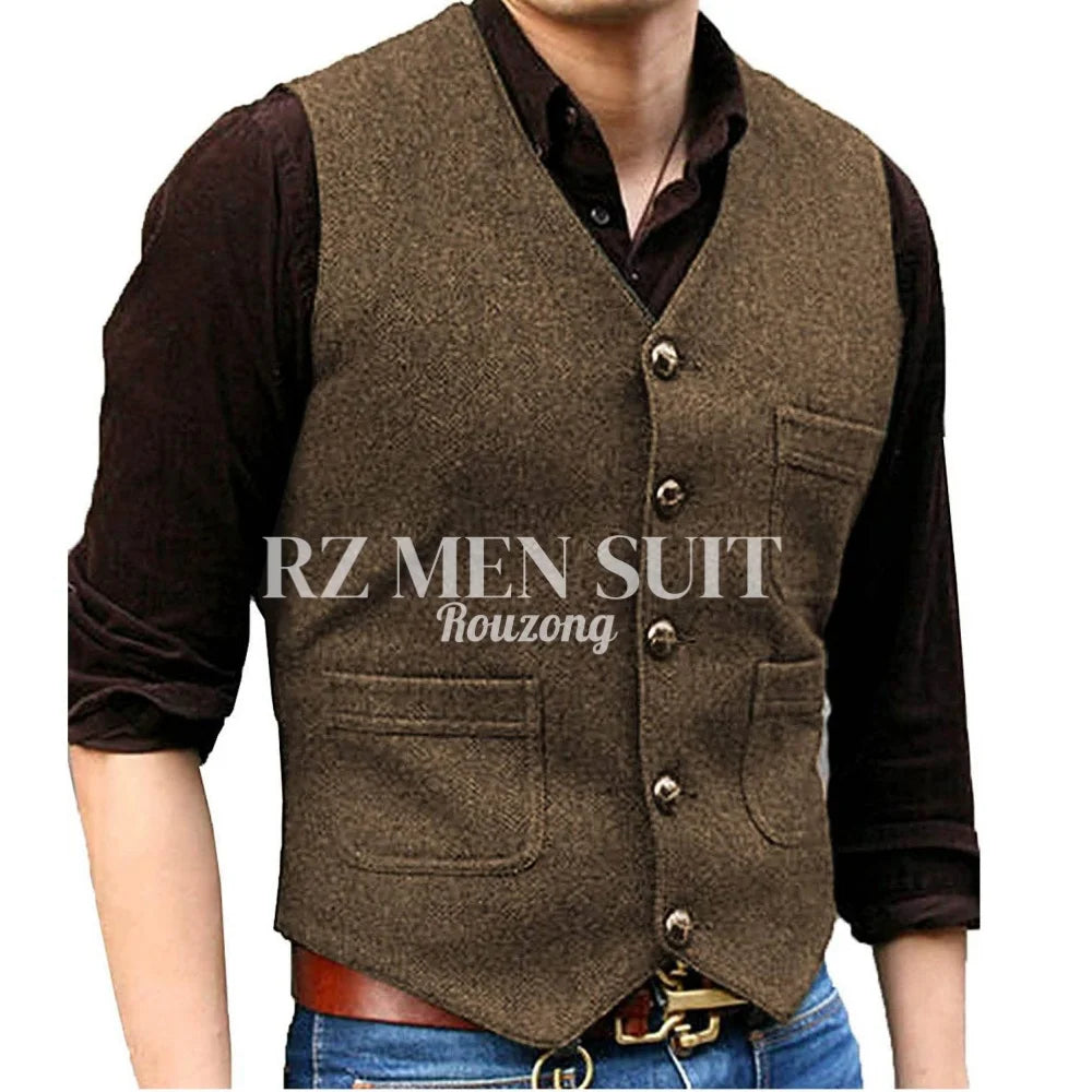 Mens Vintage Tweed Suit Vest V Neck Casual Wool Waistcoat for Wedding Groomsmen chaleco hombre