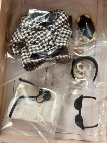 New Doll Elegant Casual Doll Clothes Black White Houndstooth Skirt Set With Beret Sunglasses For Dress Up Collection Girls Gift
