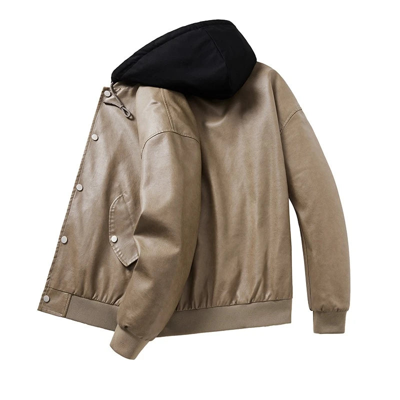 Hooded Leather Motorbiker Jacket Men's Streetwear Fake Two PU Leather Jackets Winter New Biker Coats Men Motorcycle Leather Coat