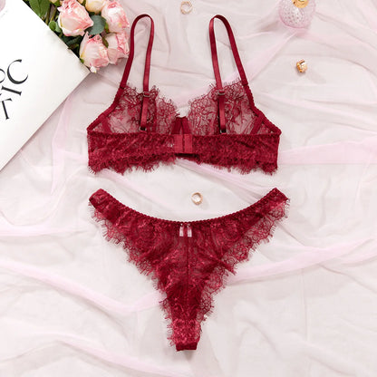 Ellolace Solid Women's Lingerie Sets Elegant Eyelash Lace Bra Panty 2PC Seductive See Through Intimate Willowy Sexy Underwear