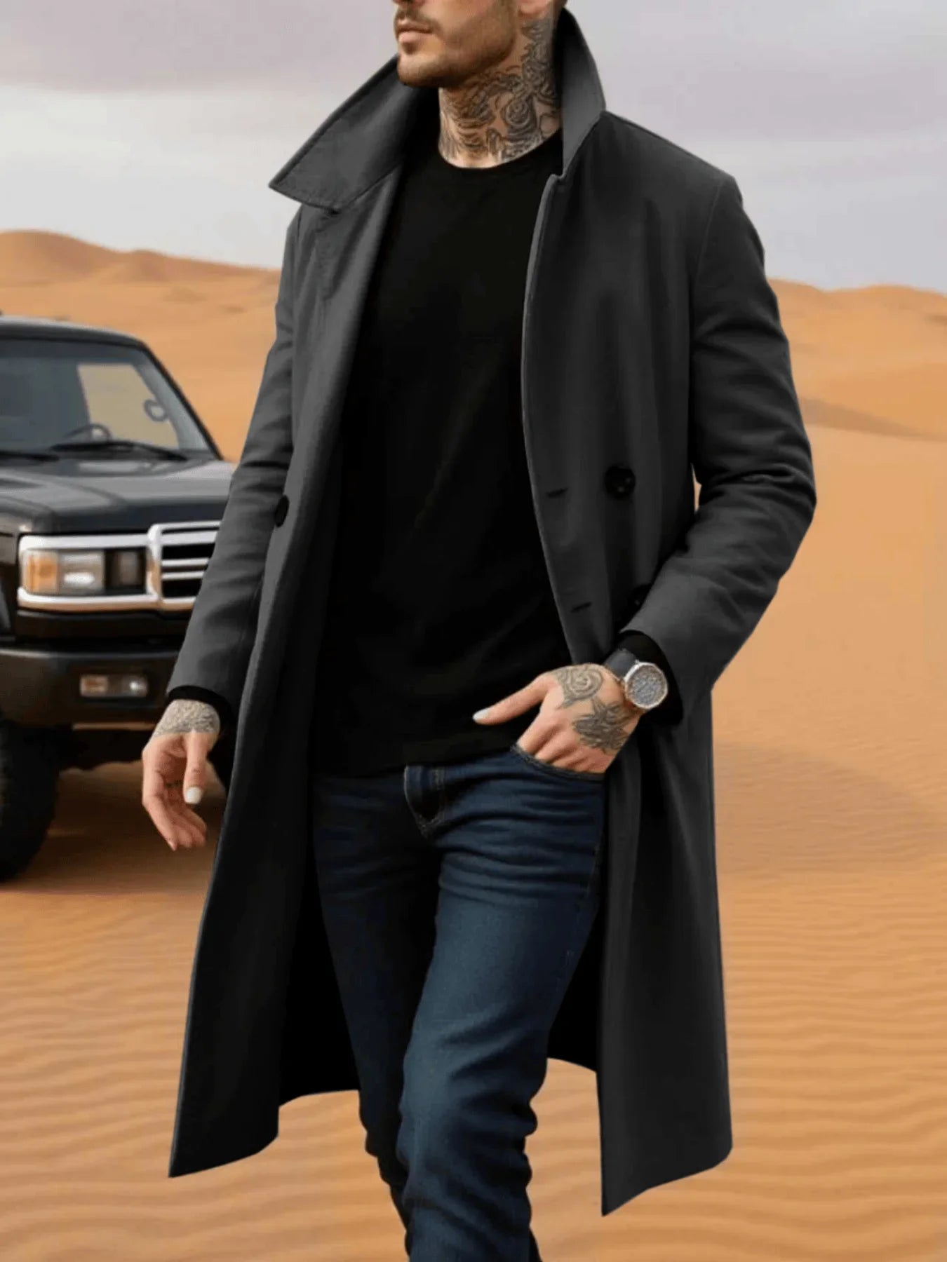 Winter Essential Trench! Men's Woolen Coat With Lined Early Autumn Classic Trench Style, Solid Jacket, Travel Ready!