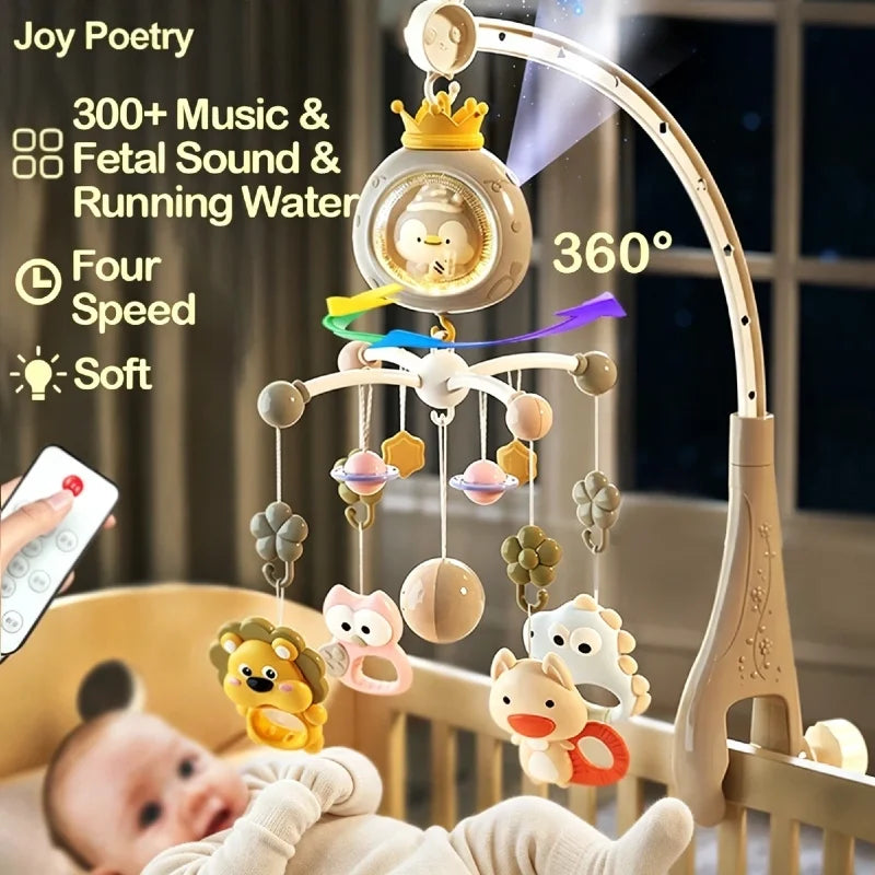 360° Penguin Musical Projection Baby Crib Mobile Rotating Soft Light Bed Bell Toy Four Speed Timming Infant Rattle Bedside Gift