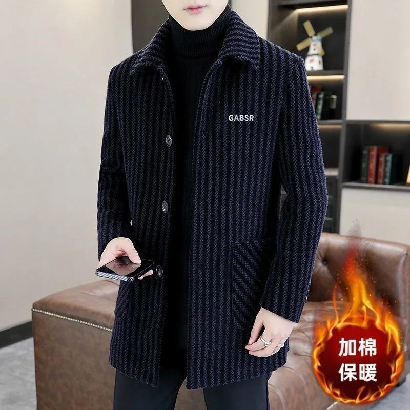 Winter Thickened Woolen Men's Coat Fashionable Striped Mid-Length Lapel Collar Windbreaker Versatile Stylish Business Casual