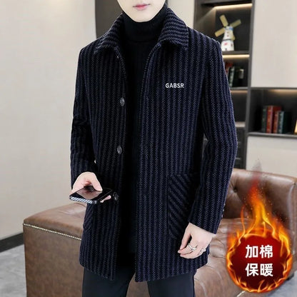 Winter Thickened Woolen Men's Coat Fashionable Striped Mid-Length Lapel Collar Windbreaker Versatile Stylish Business Casual