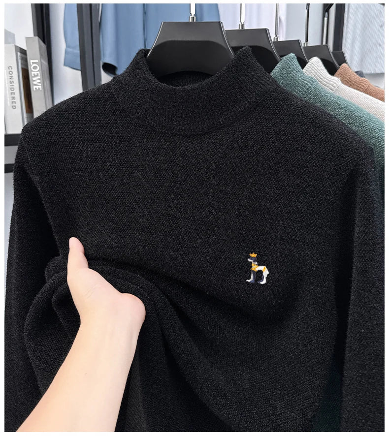 High End Embroidered Snow Carved Velvet Semi High Neck with Thick Velvet Men's Sweater Winter Semi High Neck Base Sweater