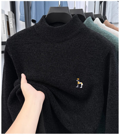 High End Embroidered Snow Carved Velvet Semi High Neck with Thick Velvet Men's Sweater Winter Semi High Neck Base Sweater