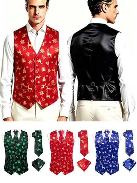 Men's Christmas Print Vest 3-Piece Set: Vest, Tie, Pocket Square, Red Blue Green Yellow for Holiday Parties
