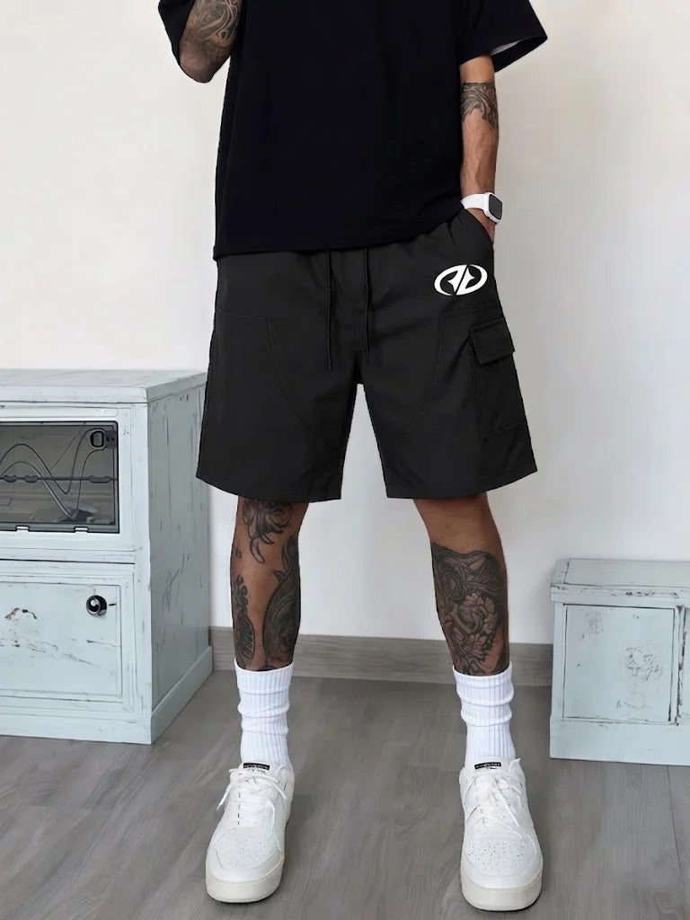 Men Black Logo Print Cargo Shorts, Drawstring Elastic Waist Loose Knee Length Pockets Summer Street Daily Sport Casual