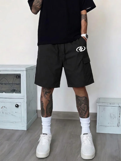 Men Black Logo Print Cargo Shorts, Drawstring Elastic Waist Loose Knee Length Pockets Summer Street Daily Sport Casual