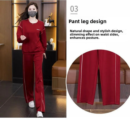 Ladies Large Size Cotton Embroidered Sportswear Set Casual Long Pants Two-Piece Fashionable Outfit for plus Size Women
