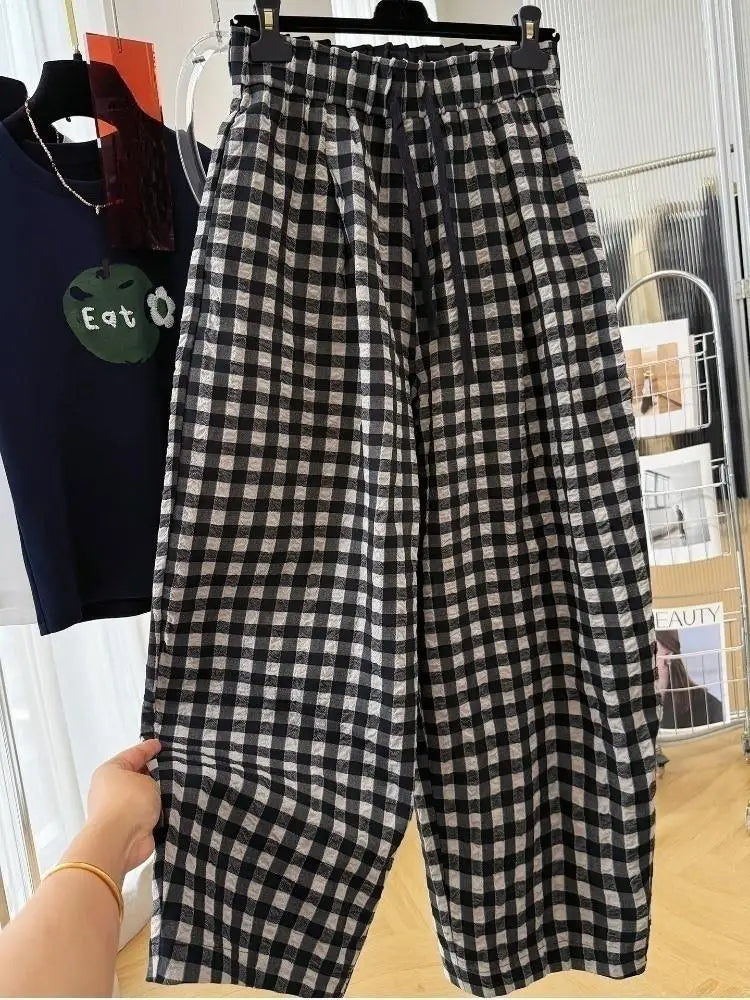 Women Korean Plaid Harem Pants Summer Linen Cotton Elastic Waist Cropped Pants High Grade Casual Loose Fashion Daily Trousers