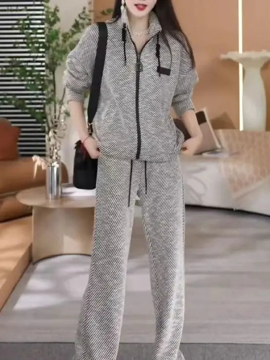 Fashion Casual Striped Top Sports Two-piece Set for Women's Spring and Autumn New Style Loose and Slim Wide Leg Pants Set