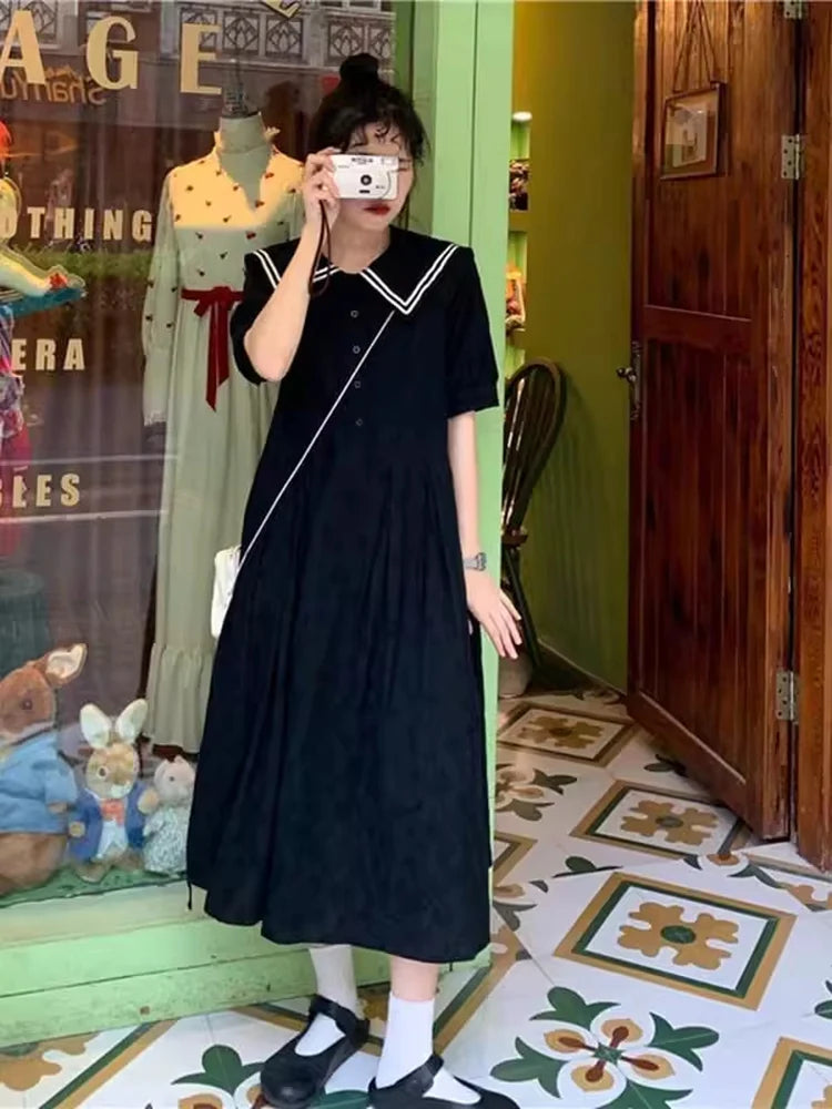 plus Size 300 Pounds Nautical Collar Dress Women's Loose over Knee Long Dress Conceal Meat Slimming College Style  Color
