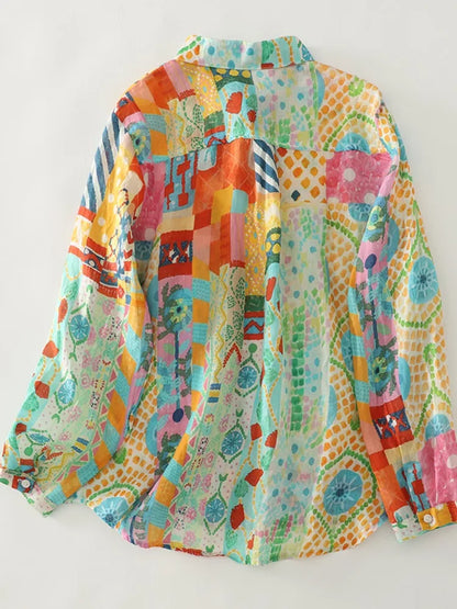 Loose Long Sleeve Linen Shirt Women Spring Thin Breathable Cotton Linen Print Casual Turn-down Collar Top Artistic Style