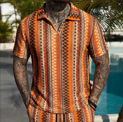 2026 Summer Men's Fashion Knitted Hook Flower Collar T-shirt Outdoor Leisure Sports Beach Vacation Cool Breathable Polo Shirt