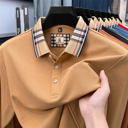 Fashion silk cotton long sleeve polo shirt men's autumn luxury brand simple comfortable new business and leisure lapel T-shirt