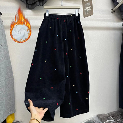 Fall Winter plus Size Fleece Lined Thick Corduroy Wide Leg Pants Women Casual Loose Heart Embroidery Knife  Pants