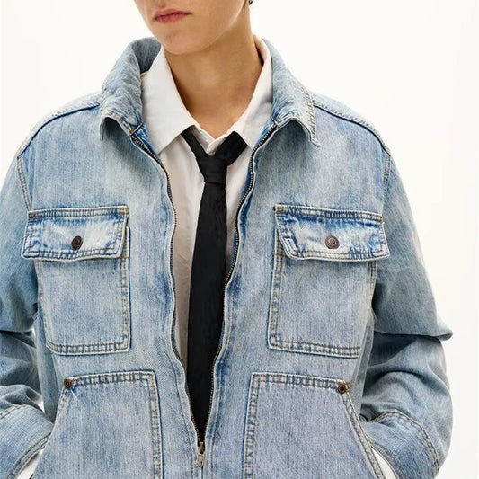American Retro Trendy Washed Slub Multi - Pocket Denim Jacket Spring and Autumn Men's Windproof Motorcycle Jacket